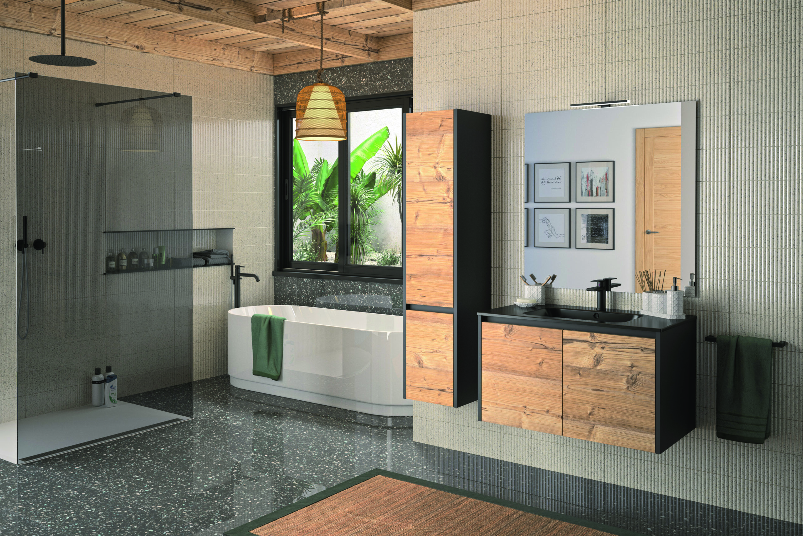 salle de douche industriel effet bois et métal avec sol en granit