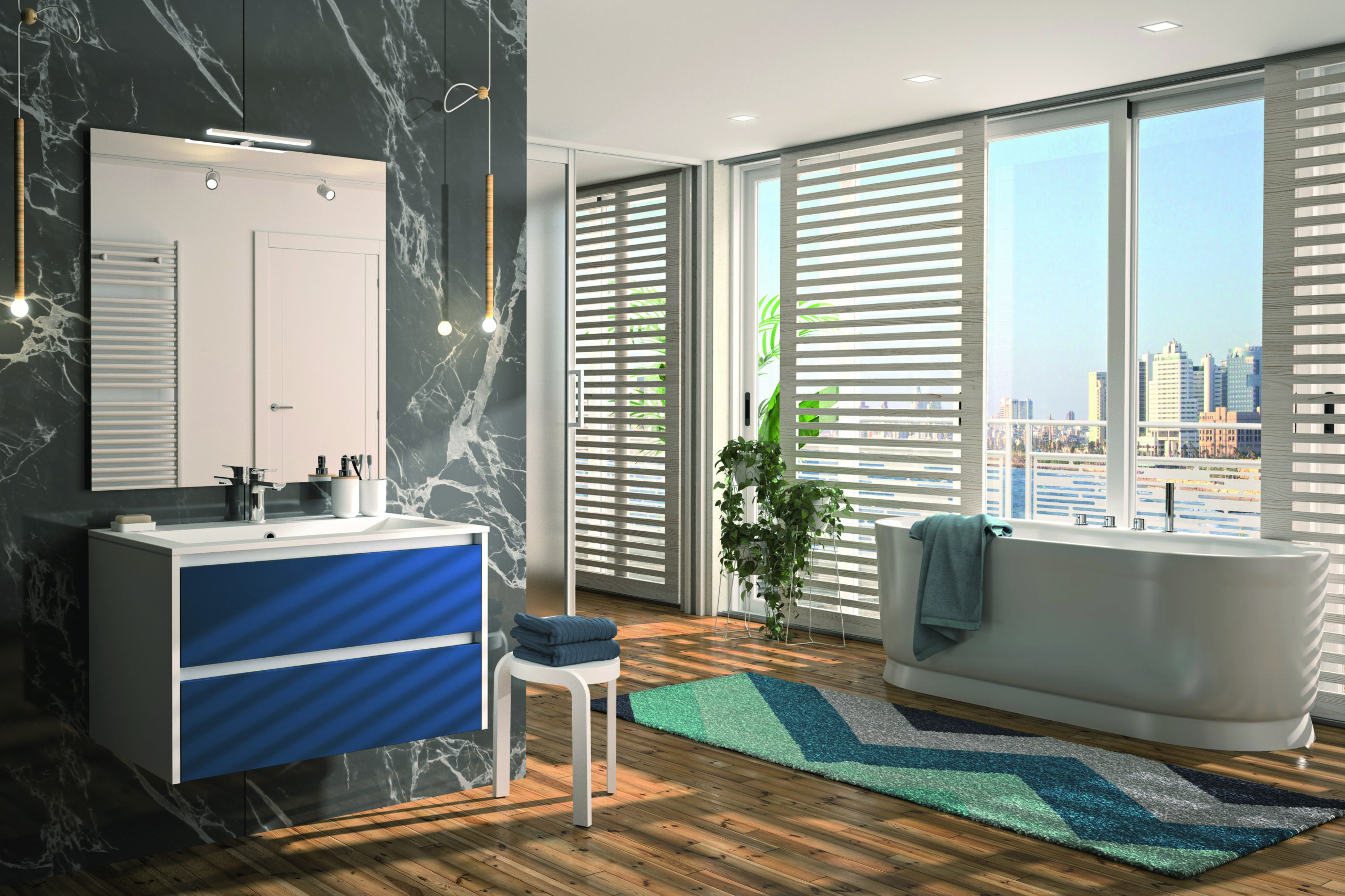 salle de bain ville plage marbre noir meuble finition bleu