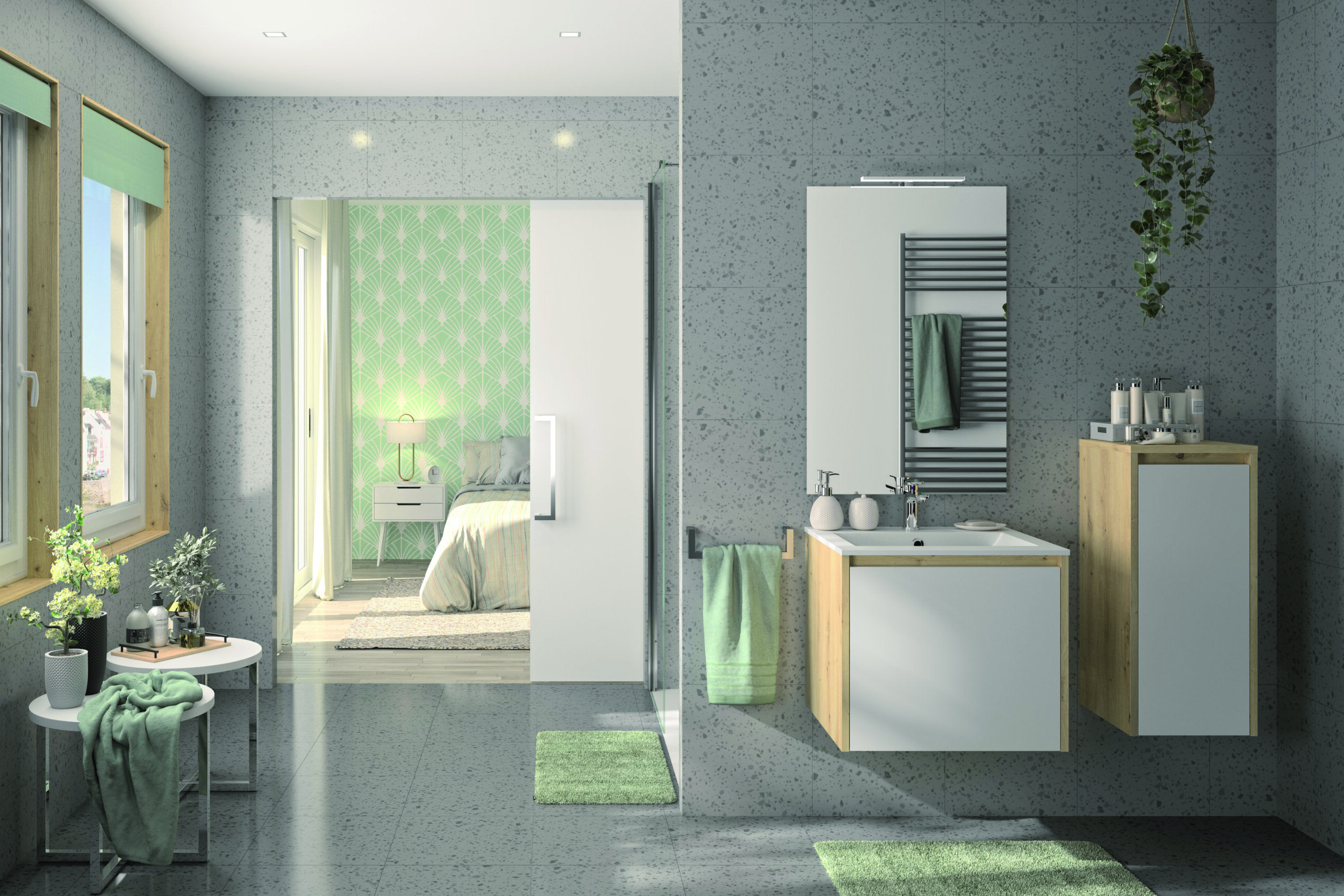 salle de bain granite lavabo porcelaine bois et blanc accessoire vert